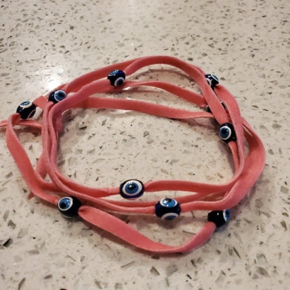 Set 4 Boho Velvet Long Necklace Wrap Bracelets Evil Eye Tan White Pink Navy Blue - Picture 8 of 11